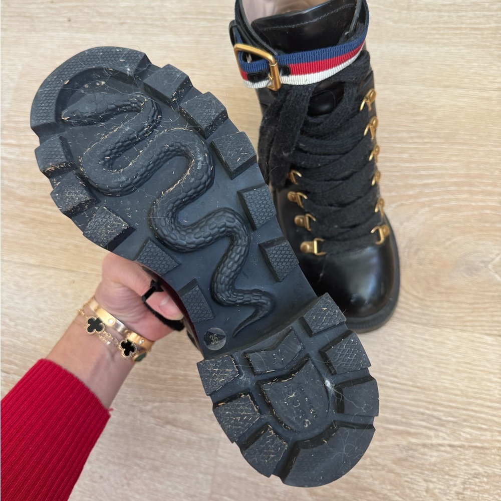 Gucci Calfskin Sylvie Web Womens Lace Up Combat Boots size 36 black - Picture 4 of 6